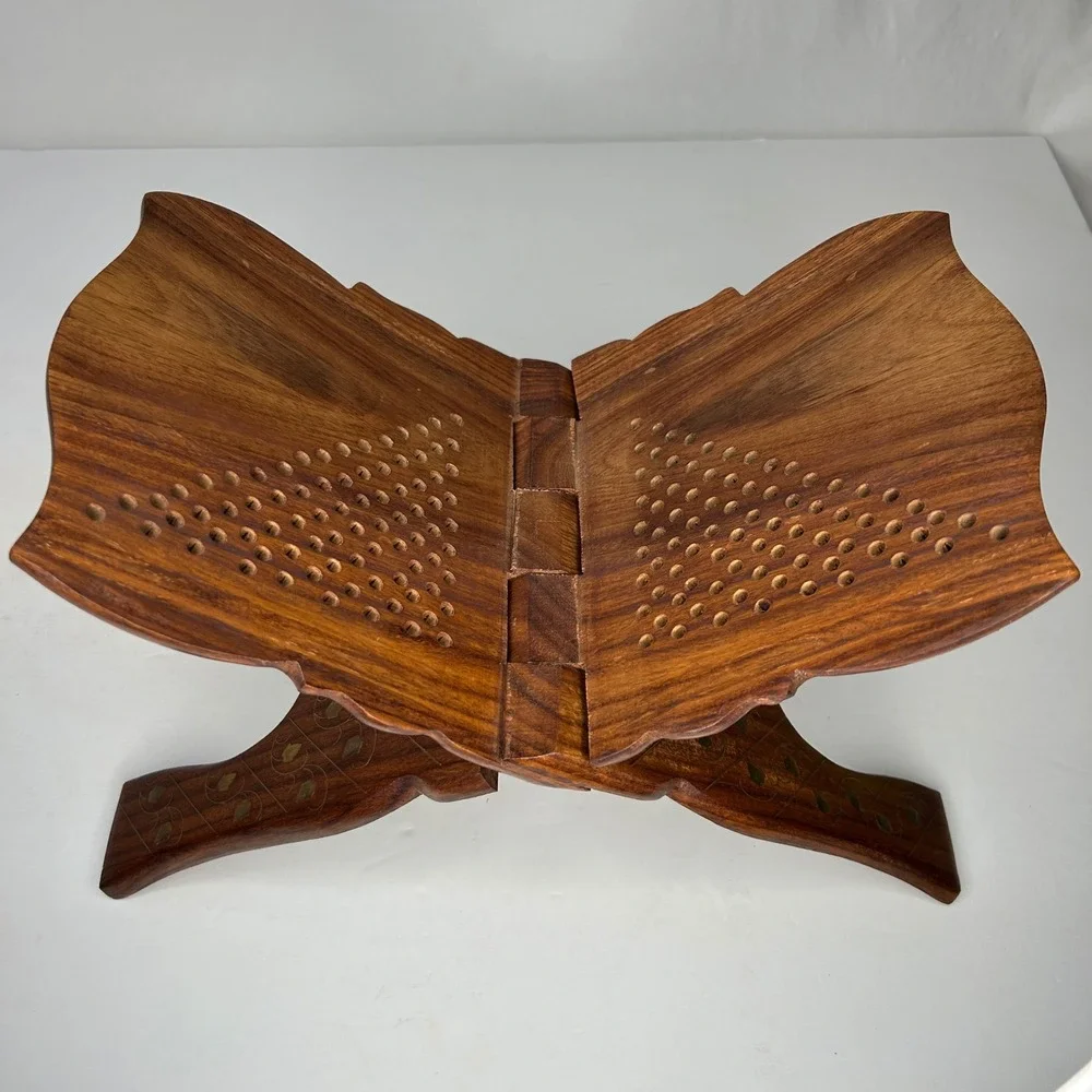 Vintage Hand Carved Wooden Folding Book Stand Rehal Brass Inlay 15 Inch Brown - Picture 1 of 6